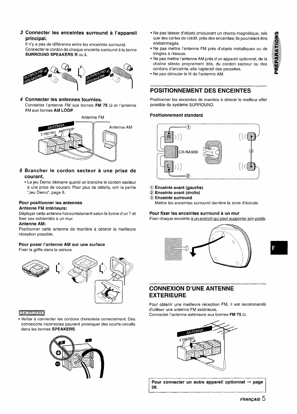 4 connecter les antennes fournies, Pour poser l’antenne am sur une surface, Positionnement des enceintes | Positionnement standard, Enceinte avant (gauche), Pour fixer ies enceintes surround à un mur, Connexion d’une antenne exterieure | Aiwa NSX-A999 User Manual | Page 65 / 92