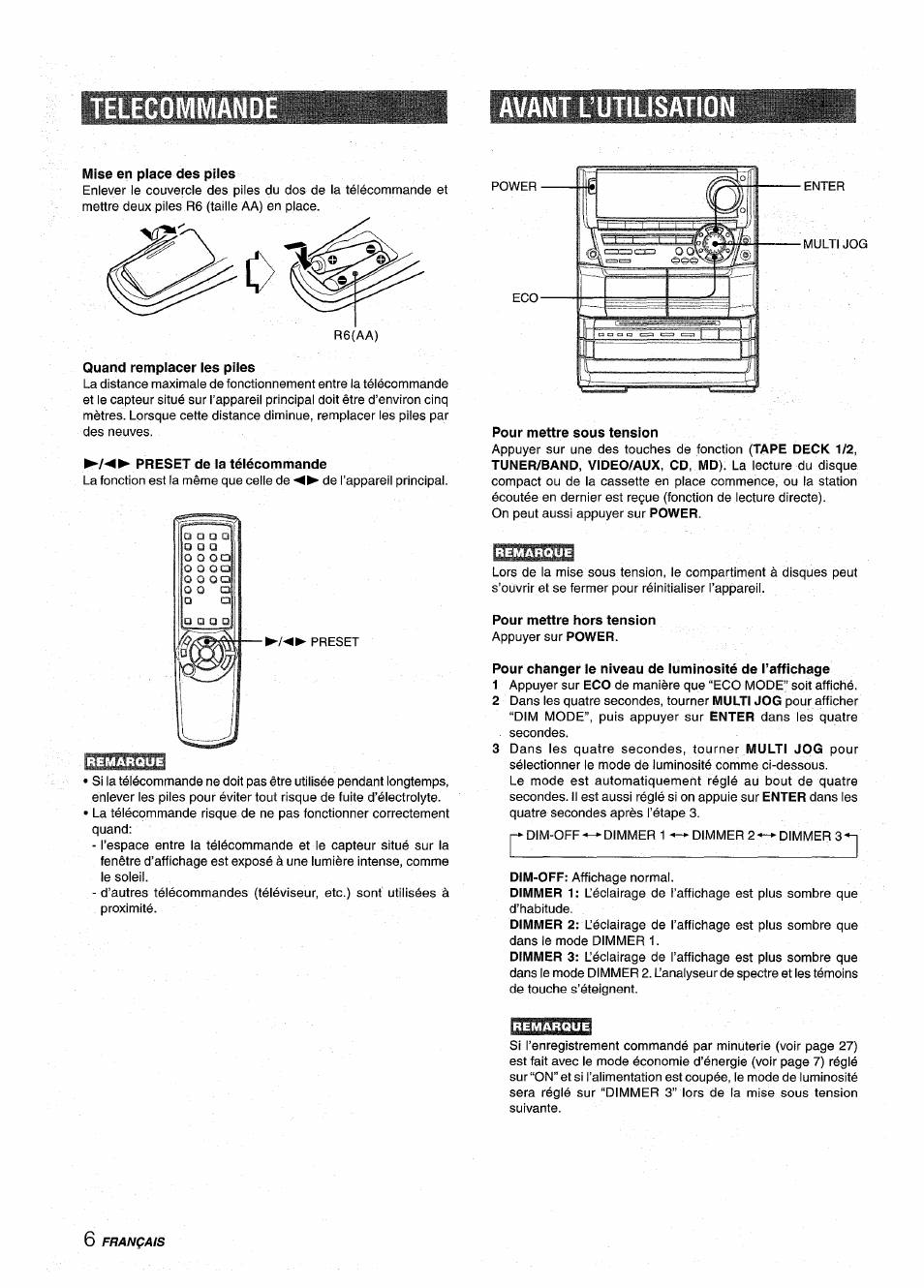 Avant lutilisatio, Mise en place des piles, Quand remplacer les piles | Preset de la télécommande, Pour mettre sous tension, Pour mettre hors tension, Telecomiviand avant lutilisatio | Aiwa NSX-A999 User Manual | Page 66 / 92