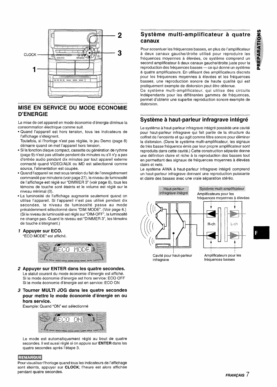 Mise en service du mode economie d’energie, 1 appuyer sur eco, Eco mode | 2 appuyer sur enter dans les quatre secondes, Système multi-amplificateur à quatre canaux, Système à haut-parleur infragrave intégré, Eco \ } y, Mode | Aiwa NSX-A999 User Manual | Page 67 / 92