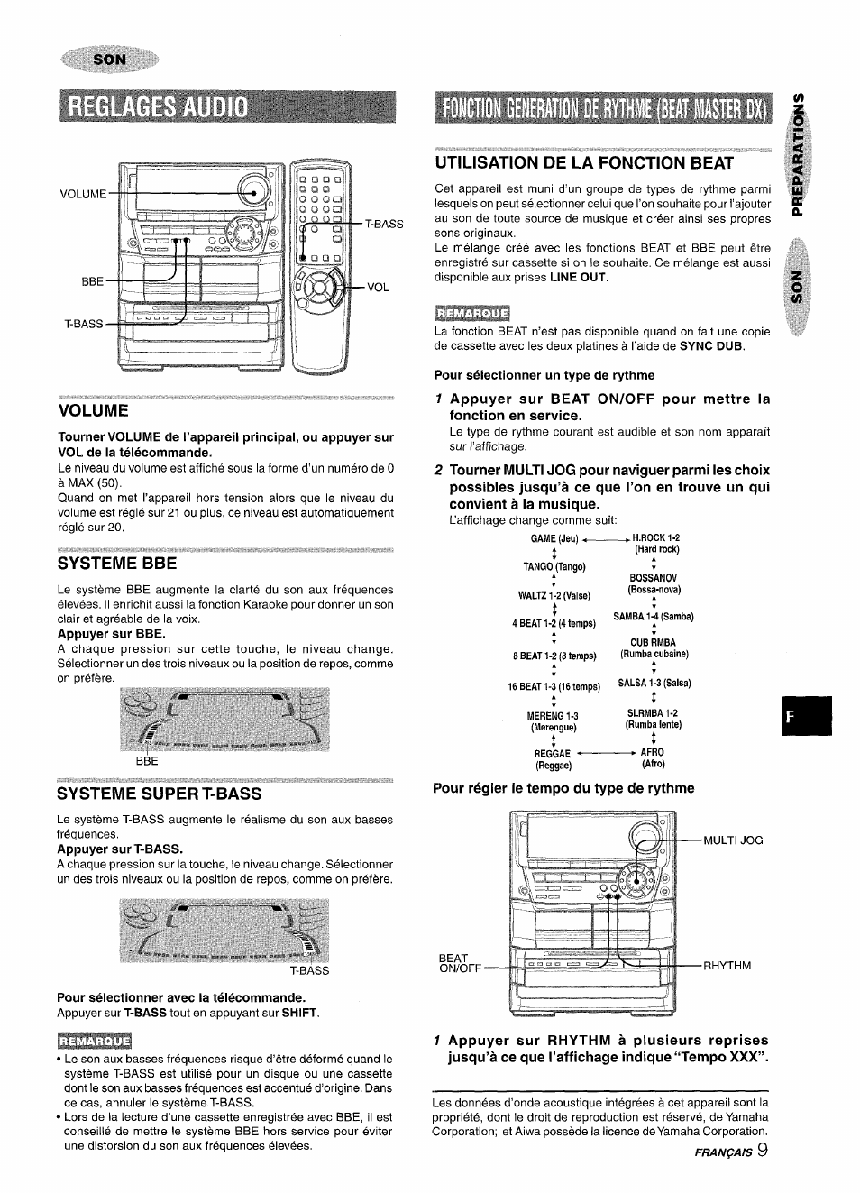 Volume, Systeme bbe, Systeme super t-bass | Pour sélectionner avec la télécommande, Utilisation de la fonction beat, Pour sélectionner un type de rythme, Pour régler le tempo du type de rythme | Aiwa NSX-A999 User Manual | Page 69 / 92
