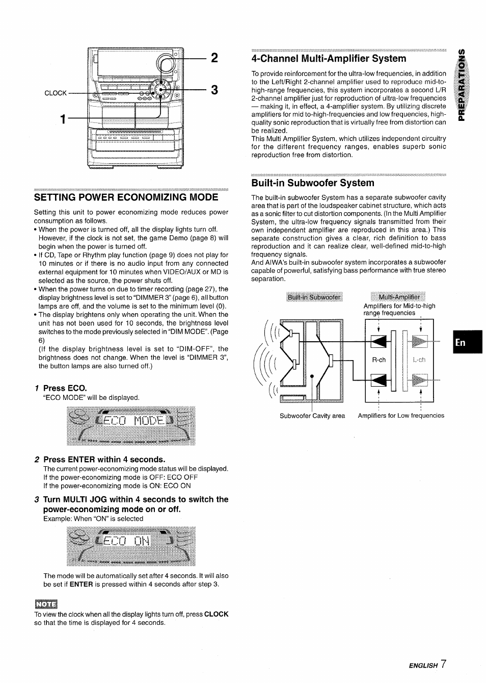 Setting power economizing mode, 1 press eco, Ecu nudb | Channel multi-amplifier system, Built-in subwoofer system, 2 press enter within 4 seconds, Ecu ur-i | Aiwa NSX-A999 User Manual | Page 7 / 92