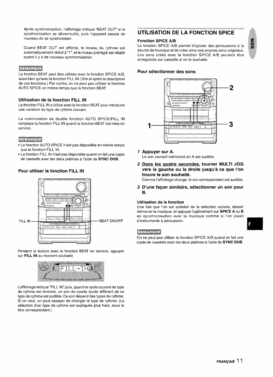 Utilisation de la fonction fill in, Pour utiliser la fonction fill in, Fill ivà | Utilisation de la fonction spice, Fonction spice a/b, Pour sélectionner des sons, 1 appuyer sur a, Utilisation de la fonction | Aiwa NSX-A999 User Manual | Page 71 / 92