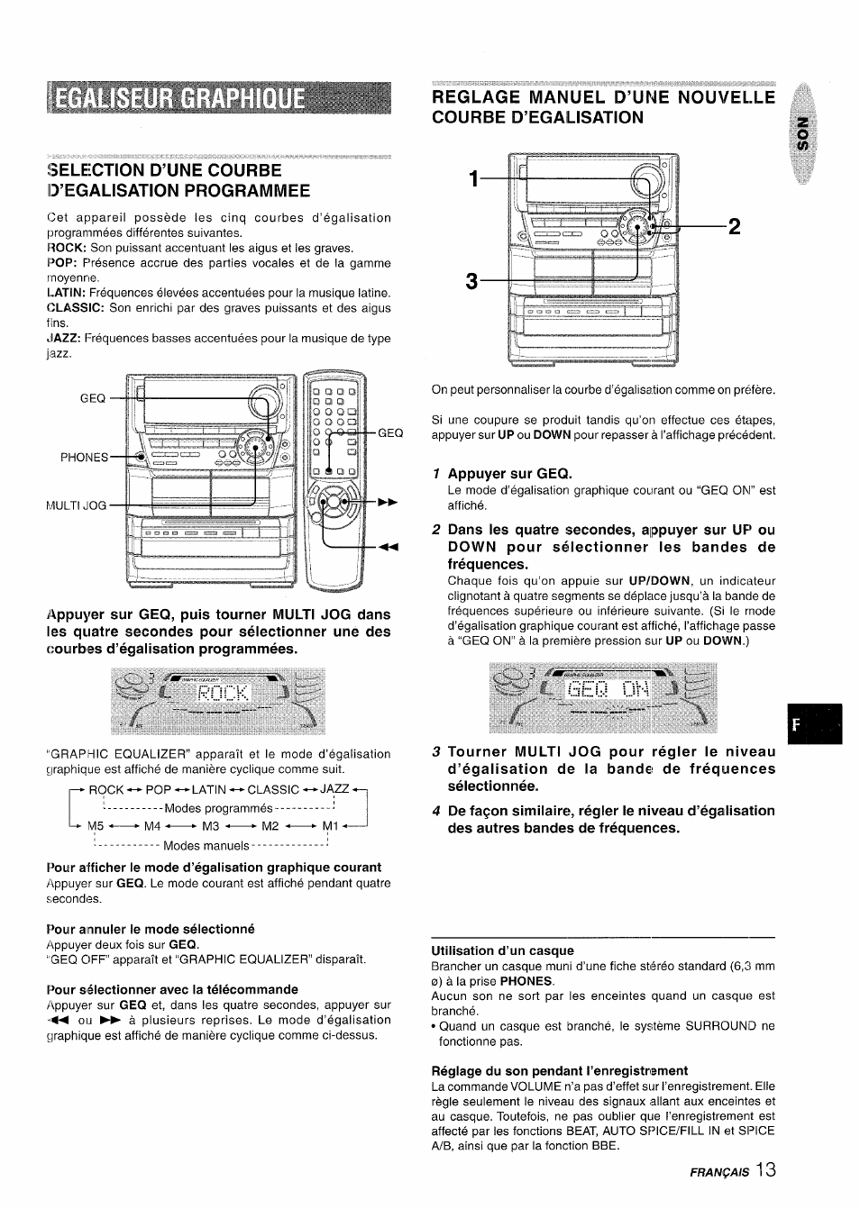 Selection d’une courbe d’egalisation programmee, Pour annuler le mode sélectionné, Pour sélectionner avec la télécommande | Reglage manuel d’une nouvelle courbe d’egalisation | Aiwa NSX-A999 User Manual | Page 73 / 92