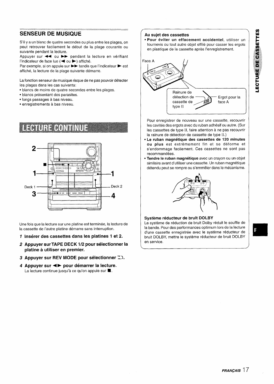 Senseur de musique, 1 insérer des cassettes dans les platines 1 et 2, 3 appuyer sur rev mode pour sélectionner z!) | 4 appuyer sur pour démarrer ia lecture | Aiwa NSX-A999 User Manual | Page 77 / 92