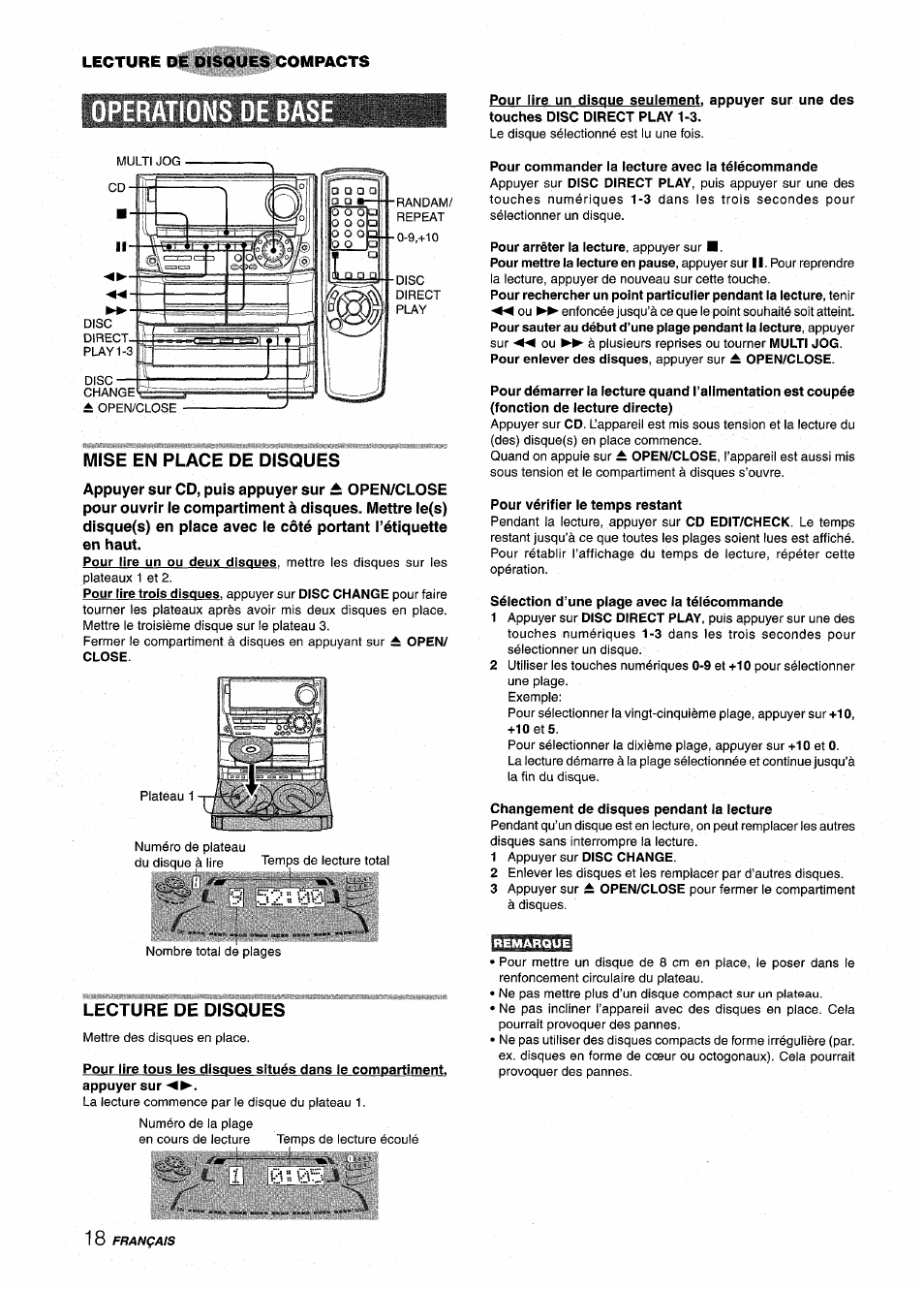 Operations oe bas, Mise en place de disques, Lecture de disques | Pour commander la lecture avec la télécommande, Pour vérifier le temps restant, Sélection d’une plage avec la télécommande, Changement de disques pendant la lecture | Aiwa NSX-A999 User Manual | Page 78 / 92