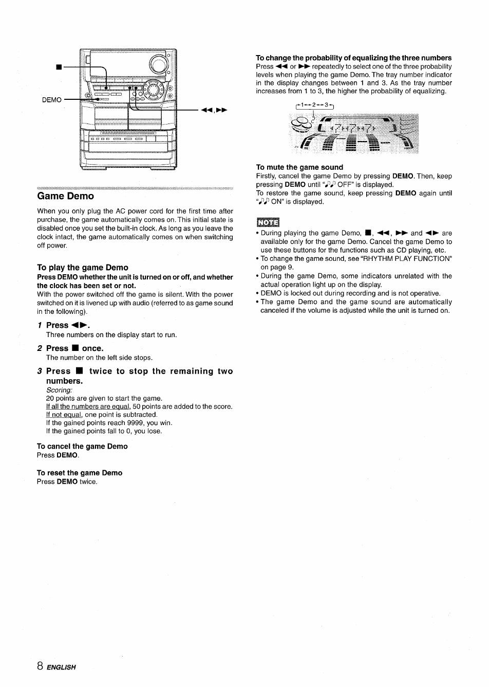 Game demo, To play the game demo, 1 press | 2 press ■ once, 3 press ■ twice to stop the remaining two numbers, To cancel the game demo press demo, To reset the game demo press demo twice, To mute the game sound | Aiwa NSX-A999 User Manual | Page 8 / 92
