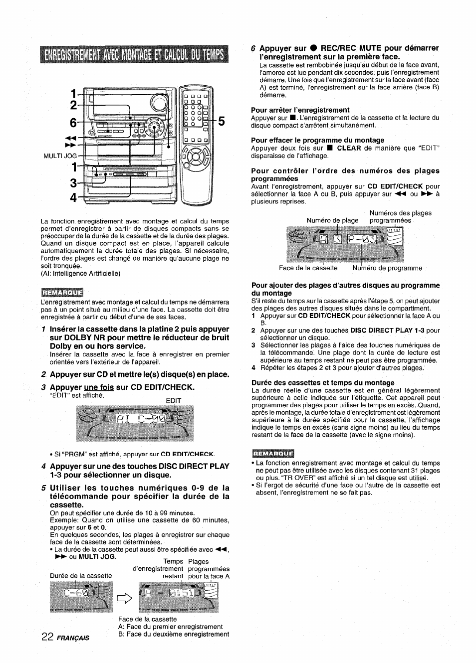 Pour arrêter l’enregistrement, Pour effacer le programme du montage, H 3 p 03 | Durée des cassettes et temps du montage, Enregisireiht avec wage el calcul du temps, H 3 p | Aiwa NSX-A999 User Manual | Page 82 / 92