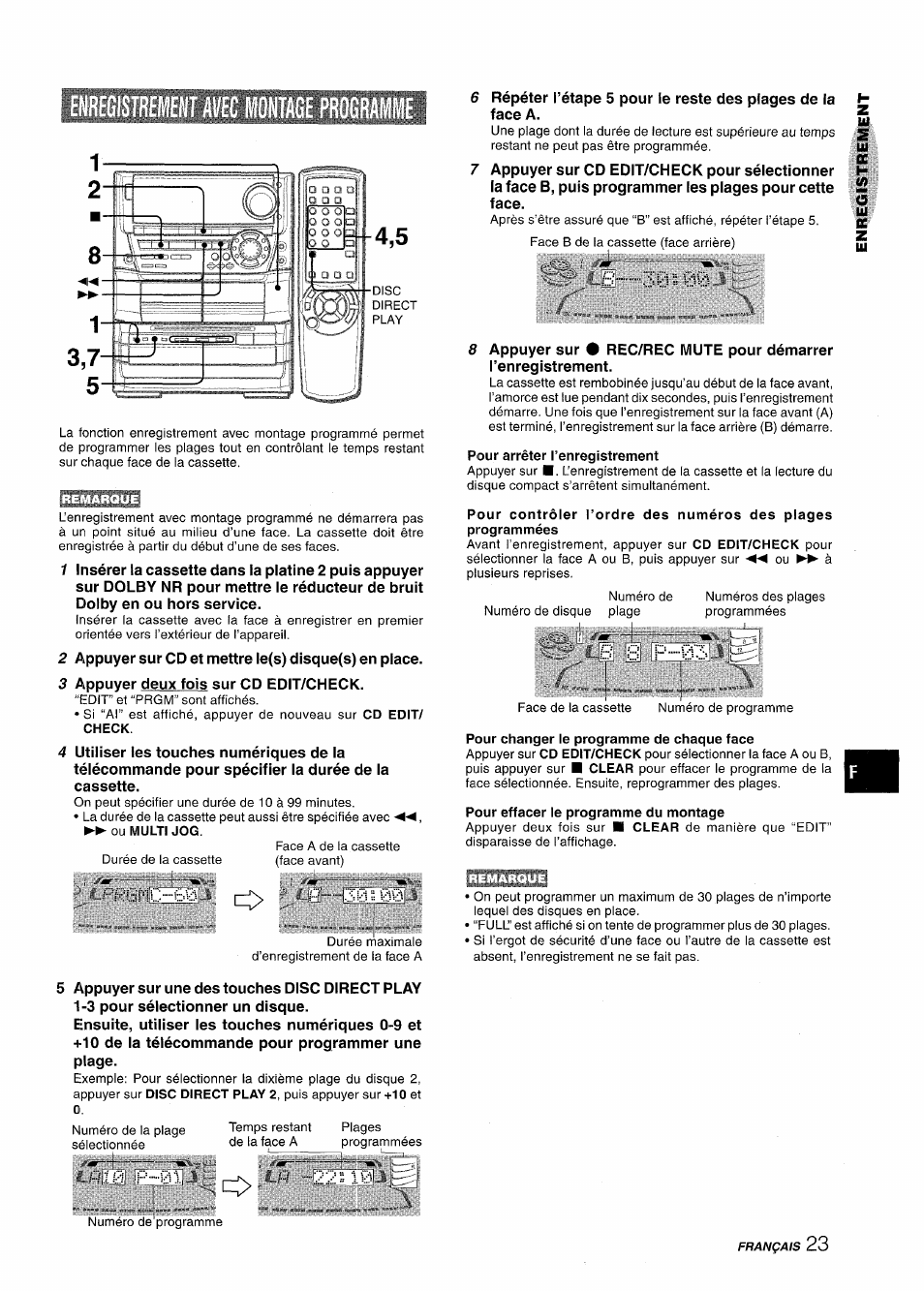 Pour arrêter l’enregistrement, Pour changer le programme de chaque face, Pour effacer le programme du montage | E 8 p, Ï0 p | Aiwa NSX-A999 User Manual | Page 83 / 92