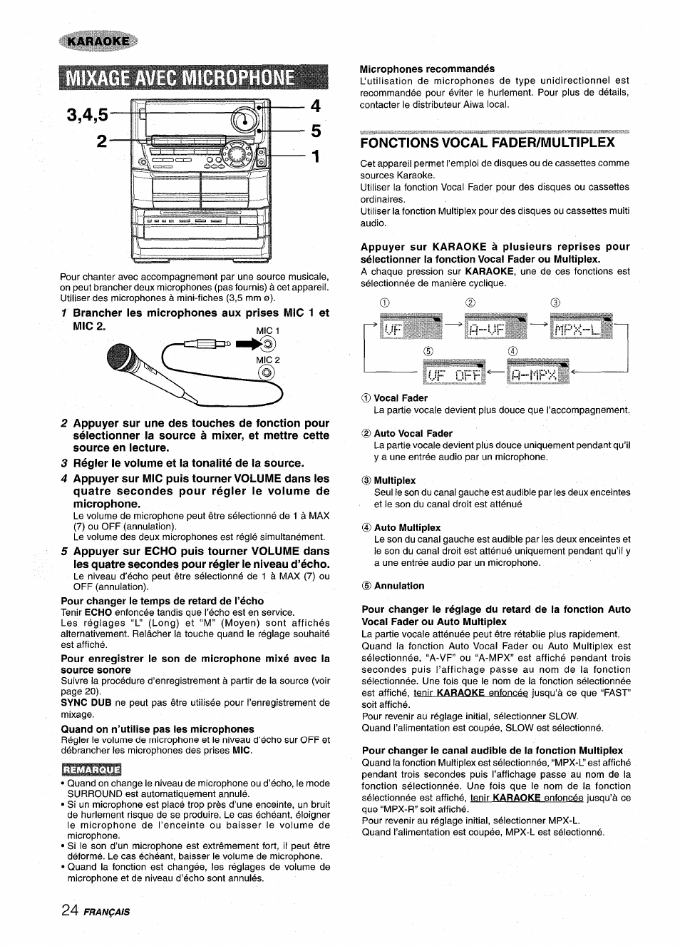 Avec microphone, Microphones recommandés, Fonctions vocal fader/multiplex | Vocal fader, Multiplex, Auto multiplex, 5) annulation | Aiwa NSX-A999 User Manual | Page 84 / 92