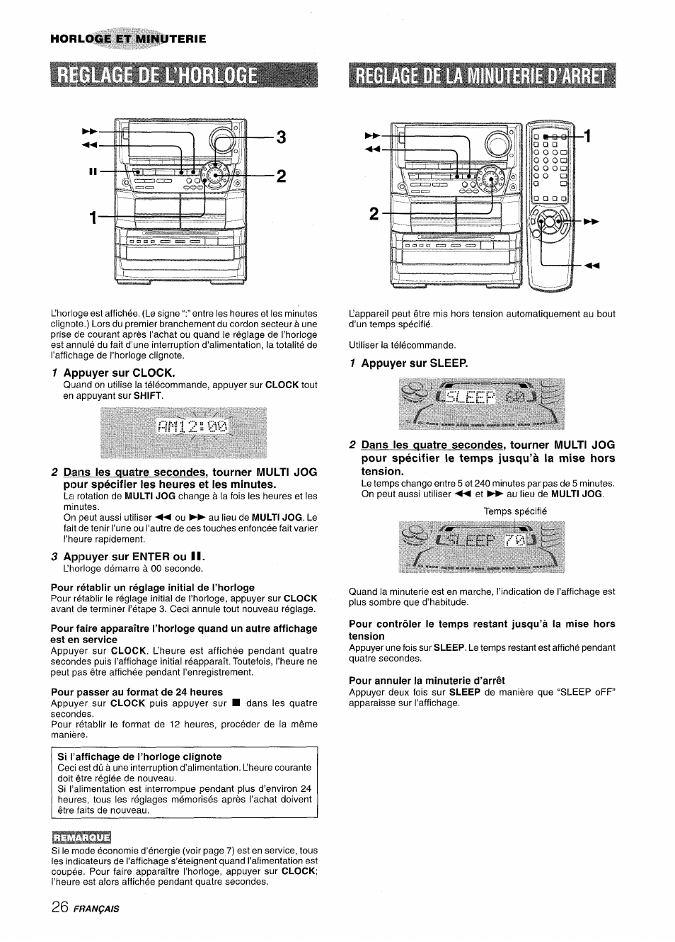 1 appuyer sur clock, 3 appuyer sur enter ou ii, Pour passer au format de 24 heures | Si l’affichage de l’horloge clignote, 1 appuyer sur sleep, Pour annuler la minuterie d’arrêt | Aiwa NSX-A999 User Manual | Page 86 / 92