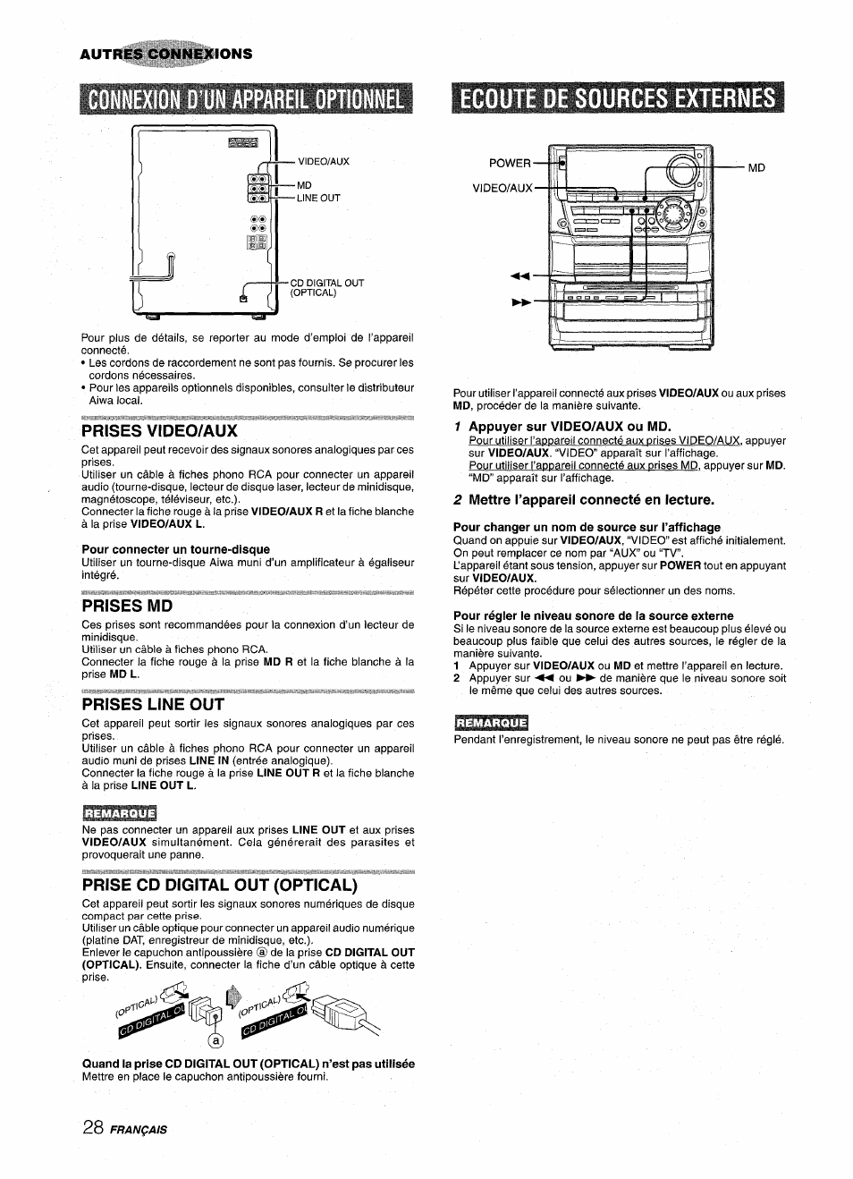 Connexion o'un appareil optionnel, Ecoute de sources externes, Prises video/aux | Pour connecter un tourne-disque, Prises md, Prises line out, 1 appuyer sur video/aux ou md, 2 mettre l’appareil connecté en lecture, Pour changer un nom de source sur l’affichage, Pour régler le niveau sonore de ia source externe | Aiwa NSX-A999 User Manual | Page 88 / 92