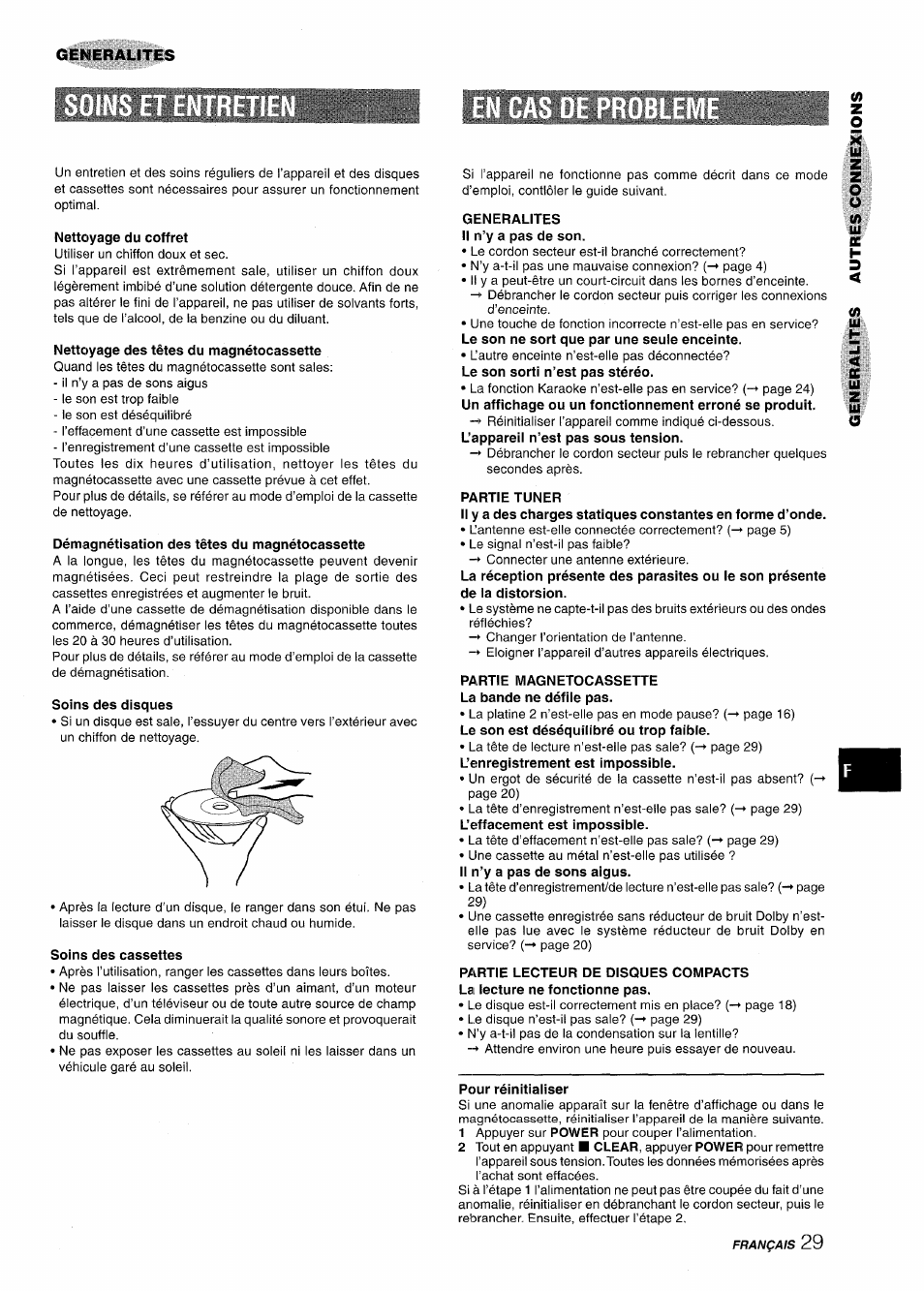 Nettoyage du coffret, Nettoyage des têtes du magnétocassette, Démagnétisation des têtes du magnétocassette | Soins des disques, Soins des cassettes, Generalites il n’y a pas de son, Partie tuner, Partie magnetocassette la bande ne défile pas, Generalites, Ui z | Aiwa NSX-A999 User Manual | Page 89 / 92