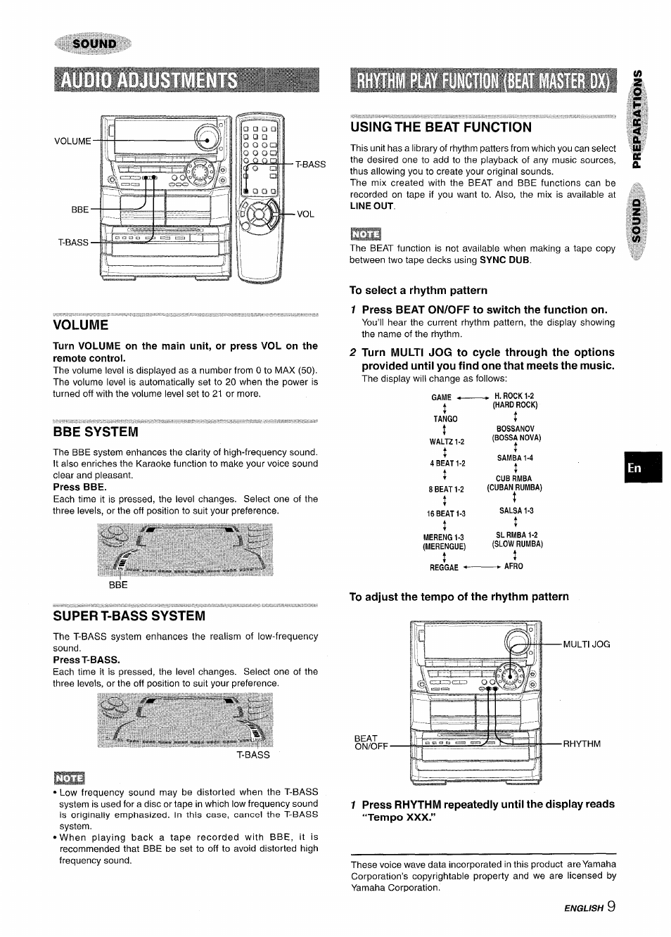 Volume, Bbe system, Super t-bass system | Using the beat function, To select a rhythm pattern, 1 press beat on/off to switch the function on, To adjust the tempo of the rhythm pattern, 1 press rhythm repeatedly until the display reads, Sound | Aiwa NSX-A999 User Manual | Page 9 / 92