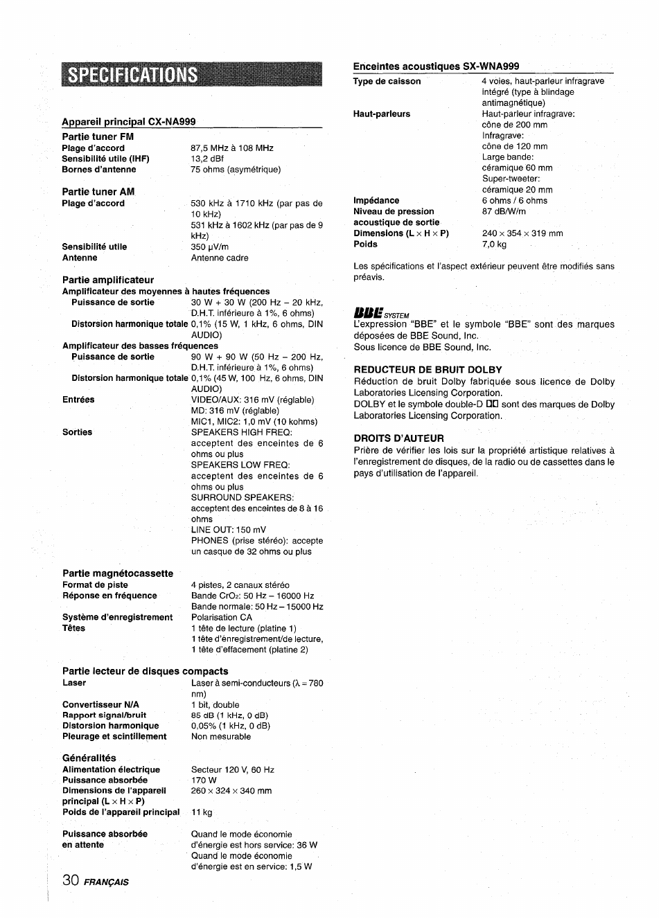 Specification, Enceintes acoustiques sx-wna999, Appareii principai cx-na999 | Partie tuner am piage d’accord, Partie amplificateur, Reducteur de bruit dolby, Droits d’auteur, Partie lecteur de disques compacts, Specification s, Êioe | Aiwa NSX-A999 User Manual | Page 90 / 92