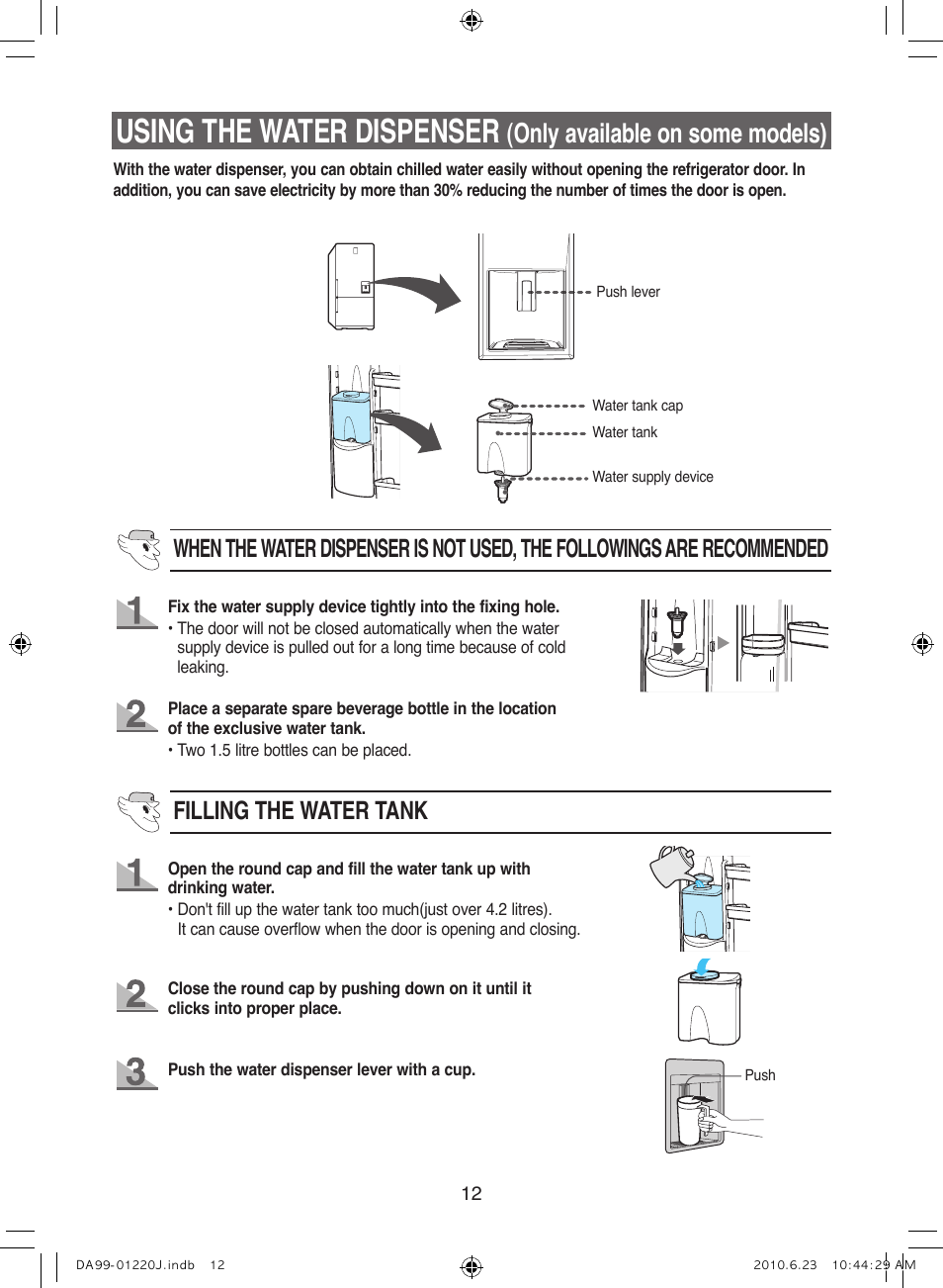 Using the water dispenser, Only available on some models), Filling the water tank | Samsung RL41WCSW User Manual | Page 12 / 100