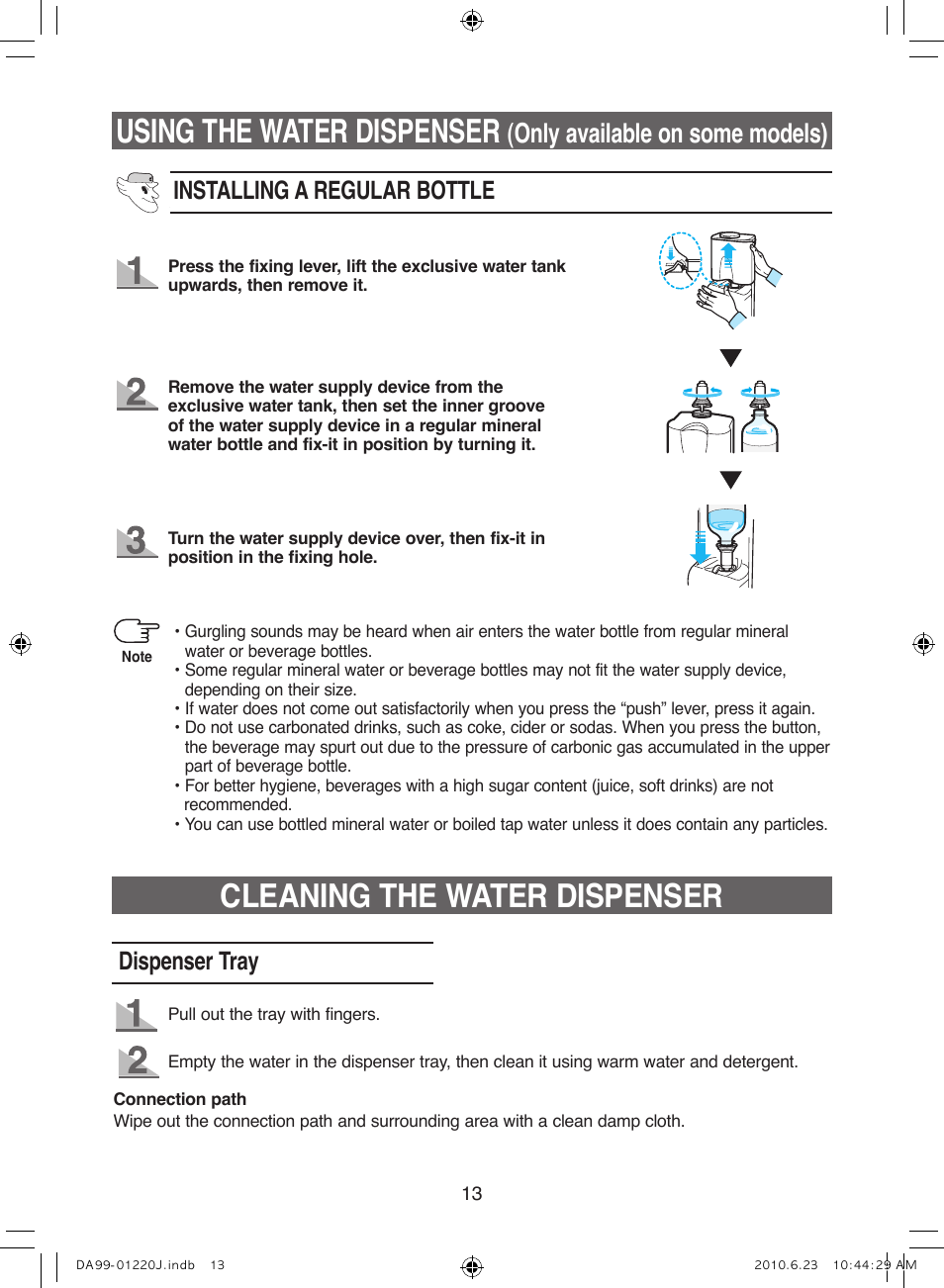 Using the water dispenser, Cleaning the water dispenser, Only available on some models) | Installing a regular bottle, Dispenser tray | Samsung RL41WCSW User Manual | Page 13 / 100