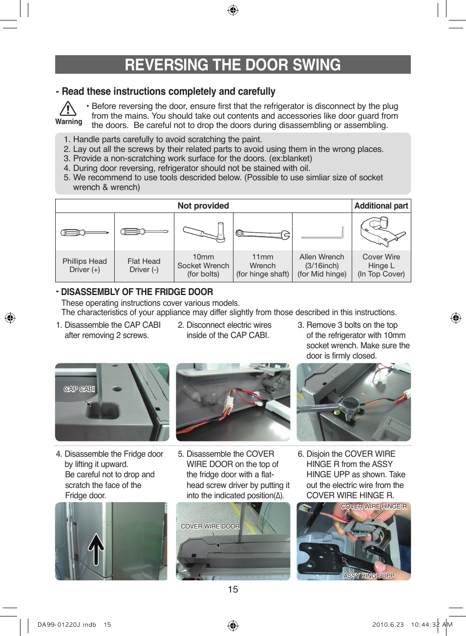 Reversing the door swing, Read these instructions completely and carefully | Samsung RL41WCSW User Manual | Page 15 / 100