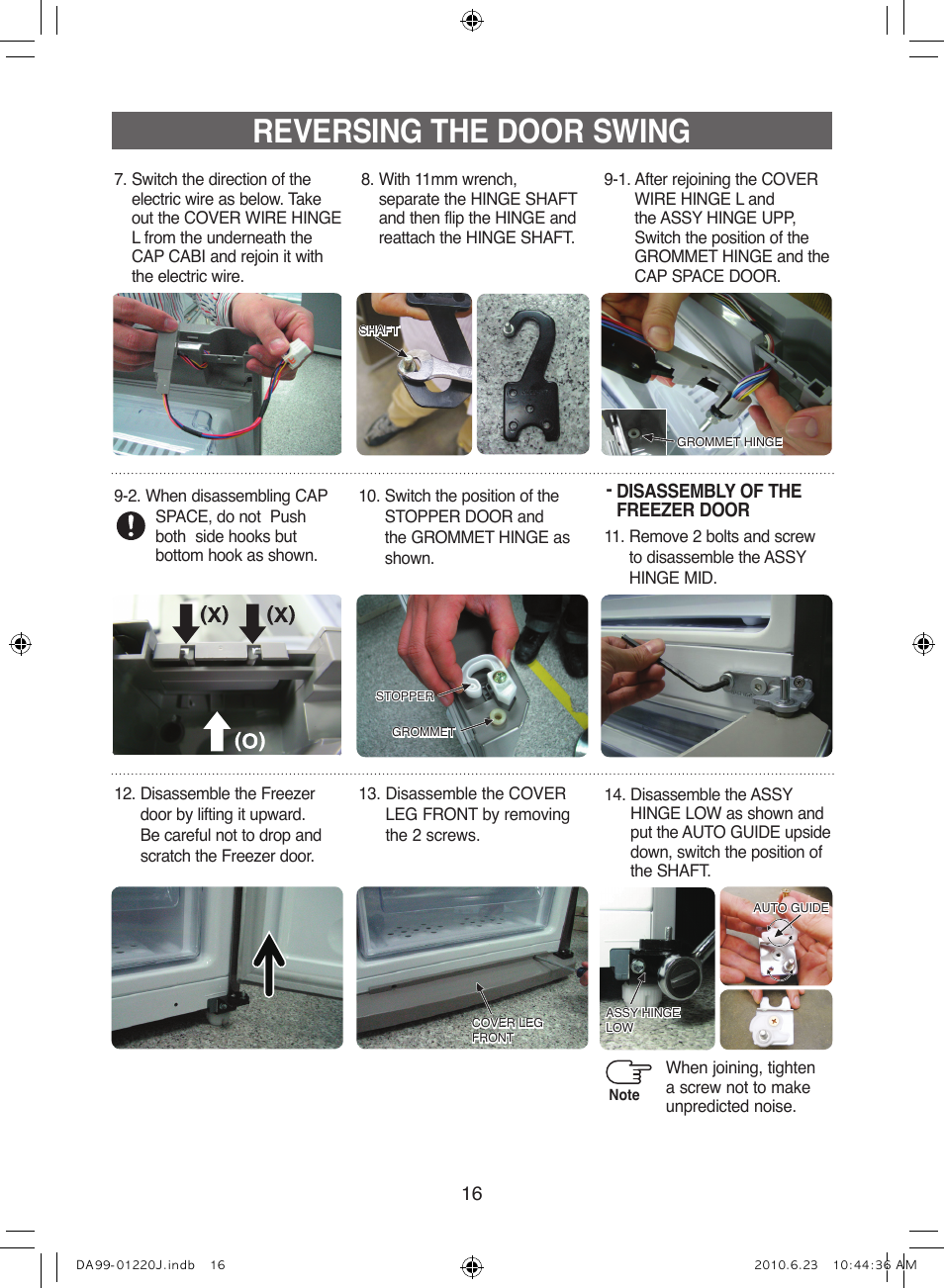 Reversing the door swing | Samsung RL41WCSW User Manual | Page 16 / 100