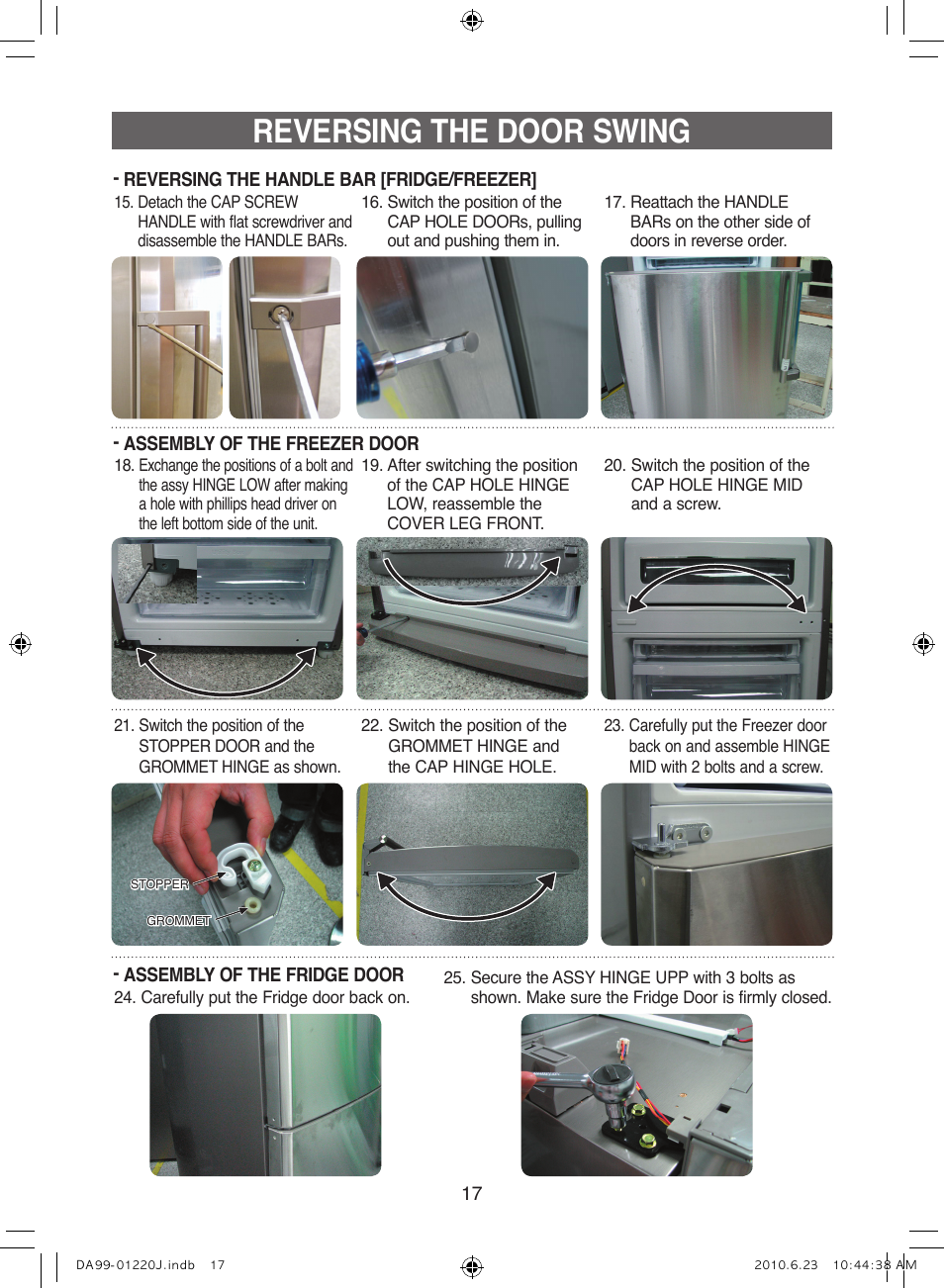 Reversing the door swing | Samsung RL41WCSW User Manual | Page 17 / 100