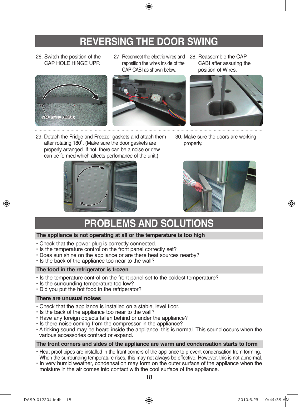 Reversing the door swing, Problems and solutions | Samsung RL41WCSW User Manual | Page 18 / 100