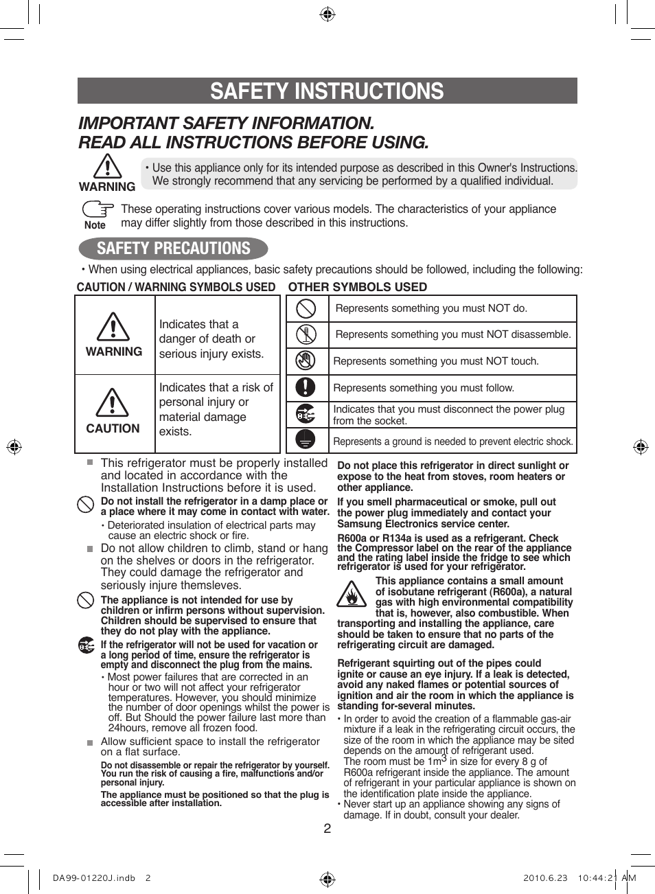 Safety instructions | Samsung RL41WCSW User Manual | Page 2 / 100