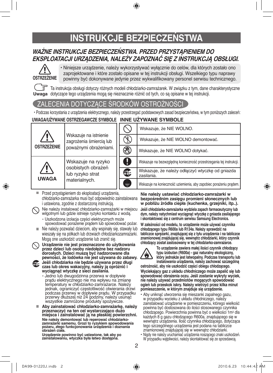 Instrukcje bezpieczeństwa, Zalecenia dotyczące środków ostrożności | Samsung RL41WCSW User Manual | Page 22 / 100