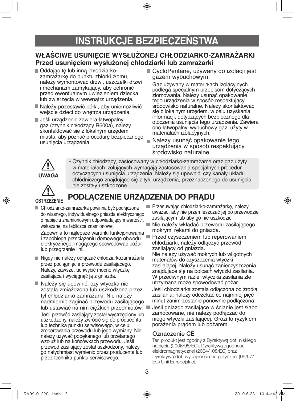 Instrukcje bezpieczeństwa, Podłączenie urządzenia do prądu | Samsung RL41WCSW User Manual | Page 23 / 100