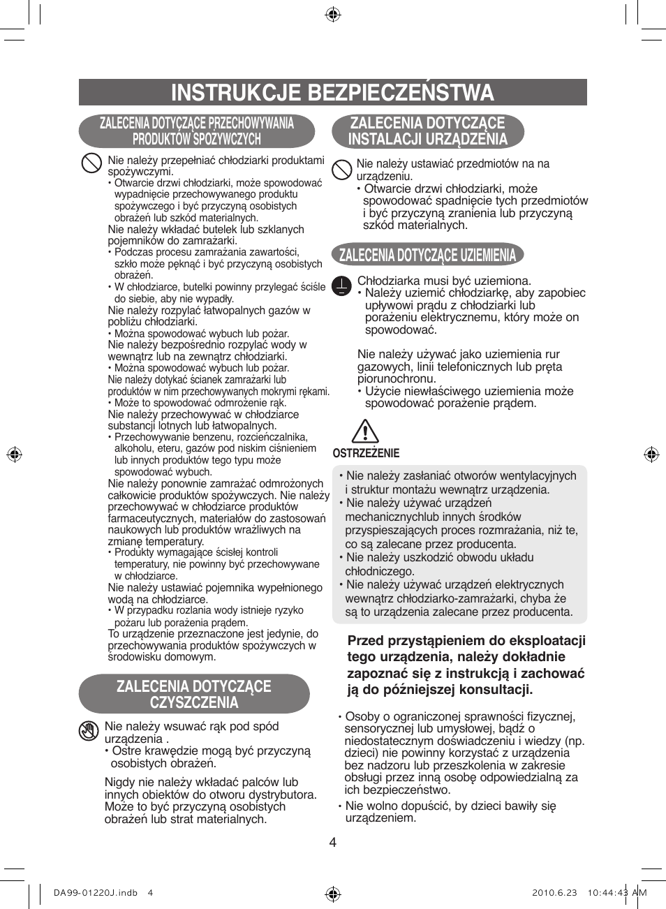 Instrukcje bezpieczeństwa, Zalecenia dotyczące uziemienia, Zalecenia dotyczące czyszczenia | Zalecenia dotyczące instalacji urządzenia | Samsung RL41WCSW User Manual | Page 24 / 100