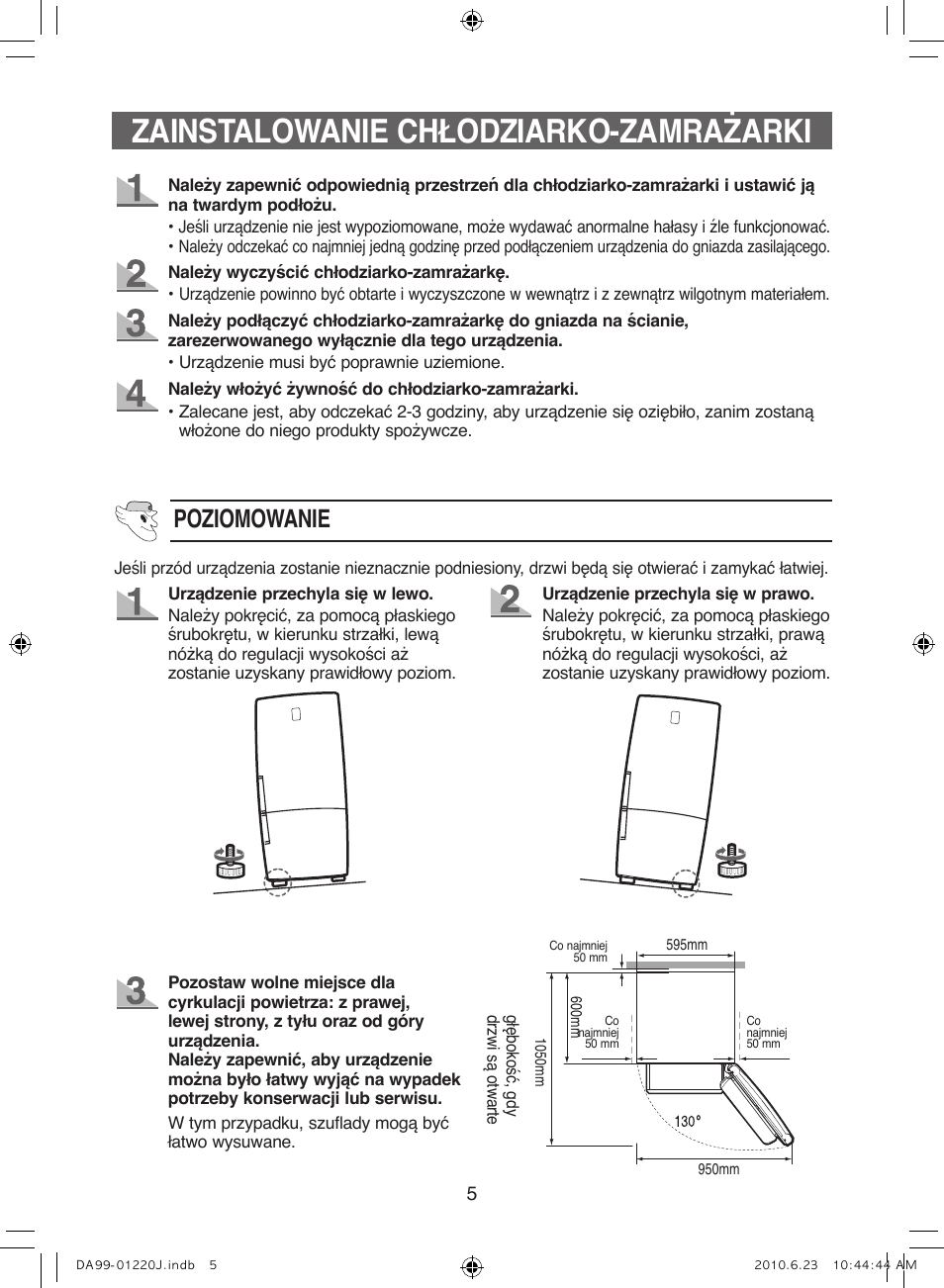 Zainstalowanie chłodziarko-zamrażarki, Poziomowanie | Samsung RL41WCSW User Manual | Page 25 / 100
