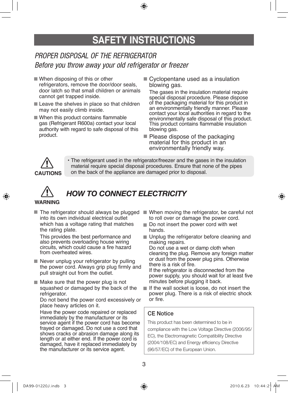 Safety instructions, How to connect electricity | Samsung RL41WCSW User Manual | Page 3 / 100