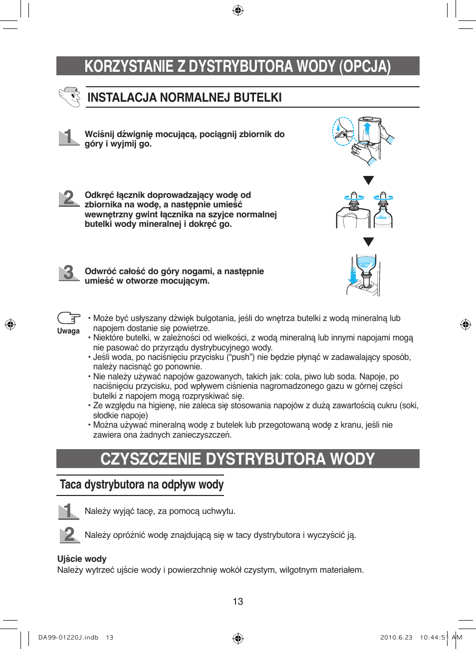 Korzystanie z dystrybutora wody (opcja), Czyszczenie dystrybutora wody, Instalacja normalnej butelki | Taca dystrybutora na odpływ wody | Samsung RL41WCSW User Manual | Page 33 / 100