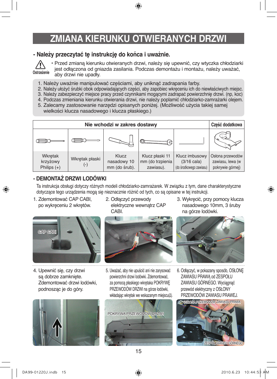 Zmiana kierunku otwieranych drzwi, Należy przeczytać tę instrukcję do końca i uważnie | Samsung RL41WCSW User Manual | Page 35 / 100