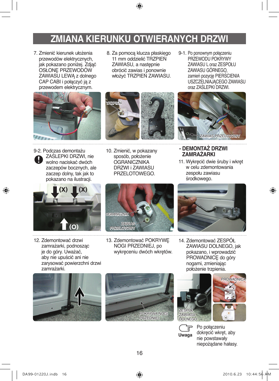Zmiana kierunku otwieranych drzwi | Samsung RL41WCSW User Manual | Page 36 / 100