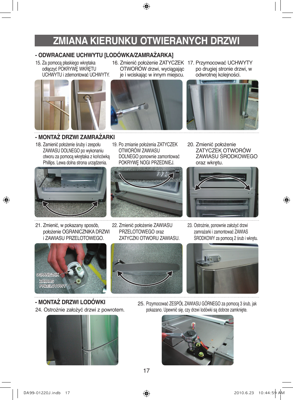 Zmiana kierunku otwieranych drzwi | Samsung RL41WCSW User Manual | Page 37 / 100