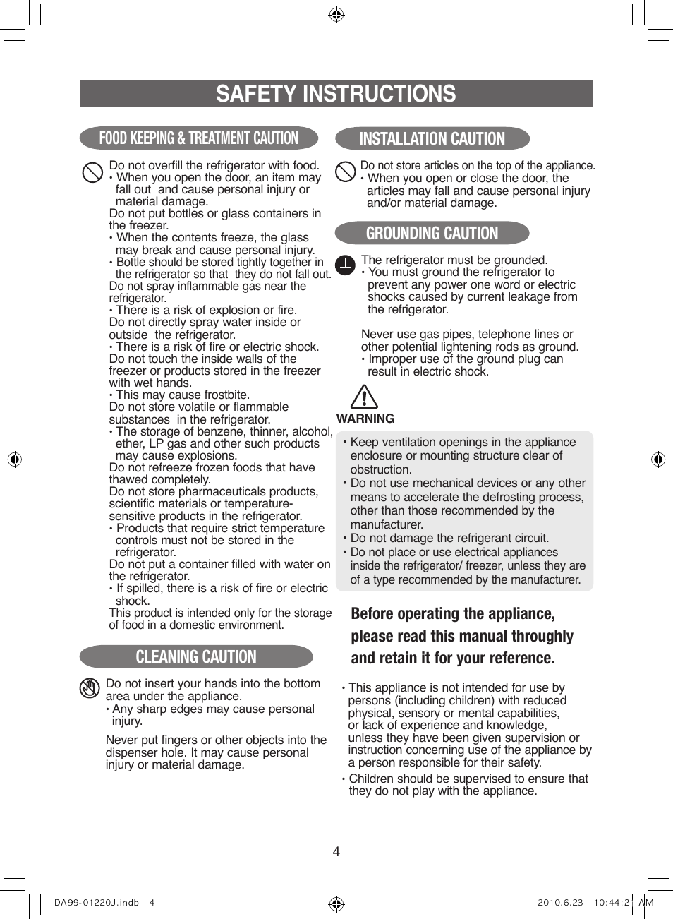 Safety instructions, Food keeping & treatment caution, Grounding caution | Cleaning caution, Installation caution | Samsung RL41WCSW User Manual | Page 4 / 100