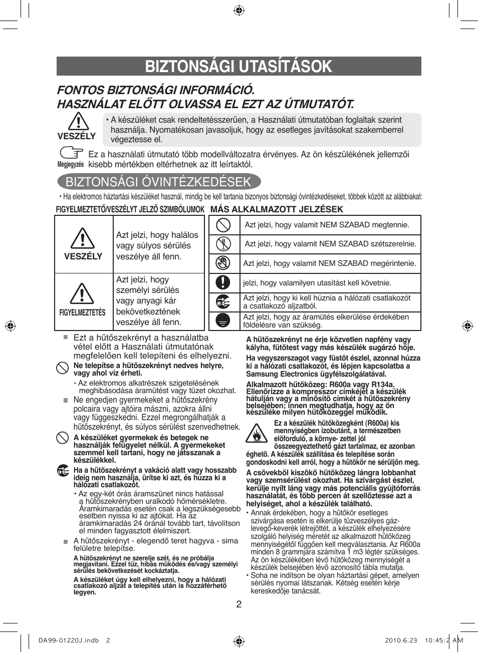 Biztonsági utasítások, Biztonsági óvintézkedések | Samsung RL41WCSW User Manual | Page 42 / 100