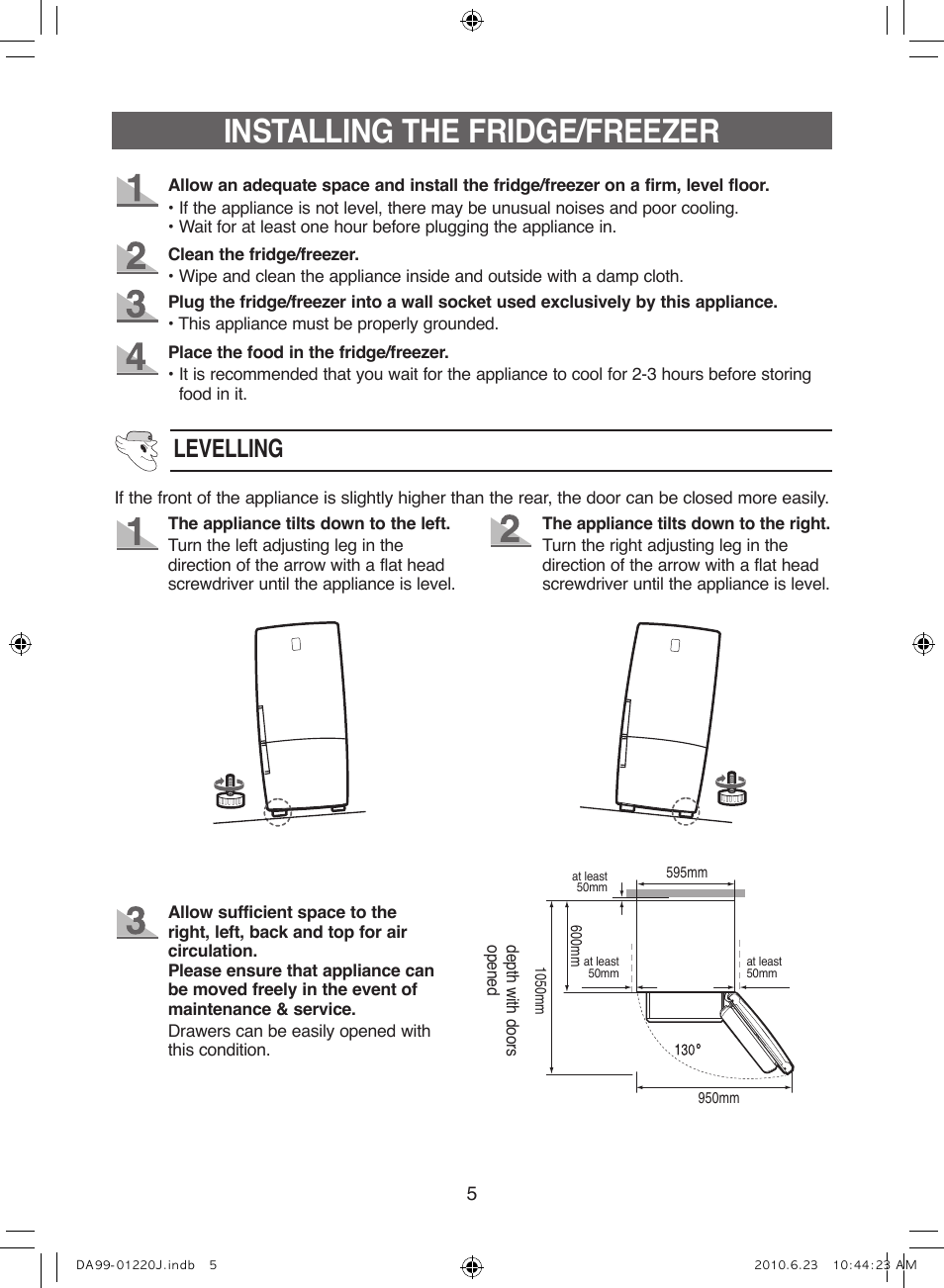 Installing the fridge/freezer, Levelling | Samsung RL41WCSW User Manual | Page 5 / 100