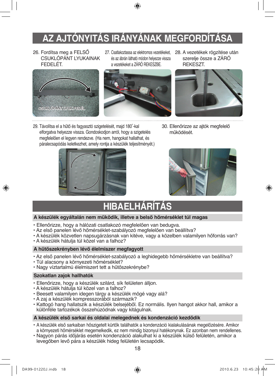 Az ajtónyitás irányának megfordítása, Hibaelhárítás | Samsung RL41WCSW User Manual | Page 58 / 100