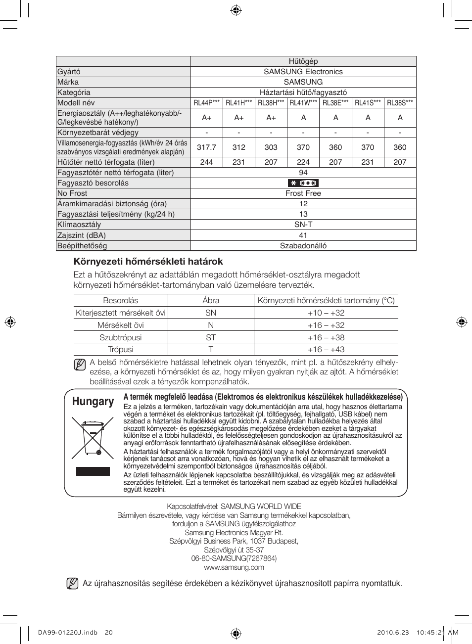 Hungary, Környezeti hőmérsékleti határok | Samsung RL41WCSW User Manual | Page 60 / 100