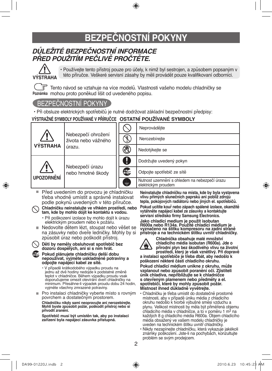 Bezpečnostní pokyny | Samsung RL41WCSW User Manual | Page 62 / 100