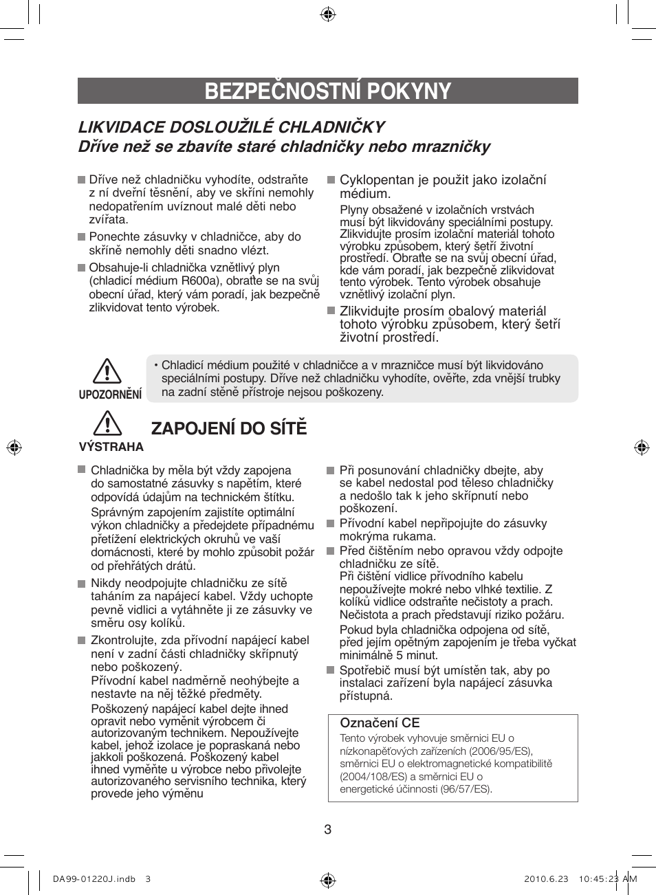 Bezpečnostní pokyny, Zapojení do sítě | Samsung RL41WCSW User Manual | Page 63 / 100