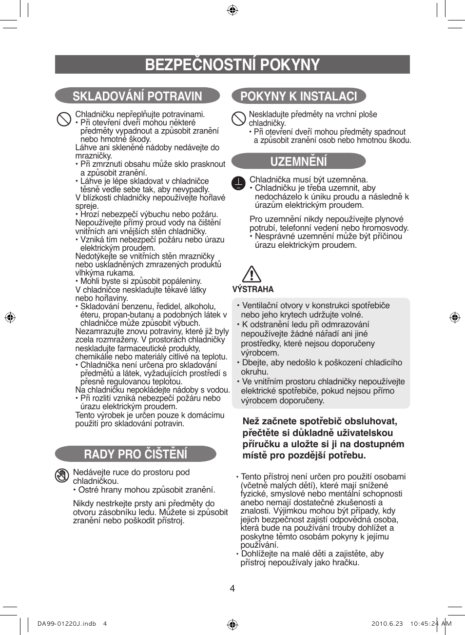 Bezpečnostní pokyny, Skladování potravin, Uzemnění | Rady pro čištění, Pokyny k instalaci | Samsung RL41WCSW User Manual | Page 64 / 100