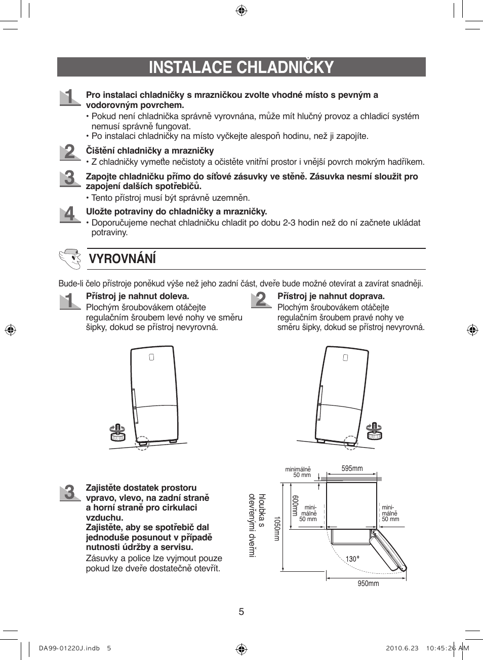 Instalace chladničky, Vyrovnání | Samsung RL41WCSW User Manual | Page 65 / 100