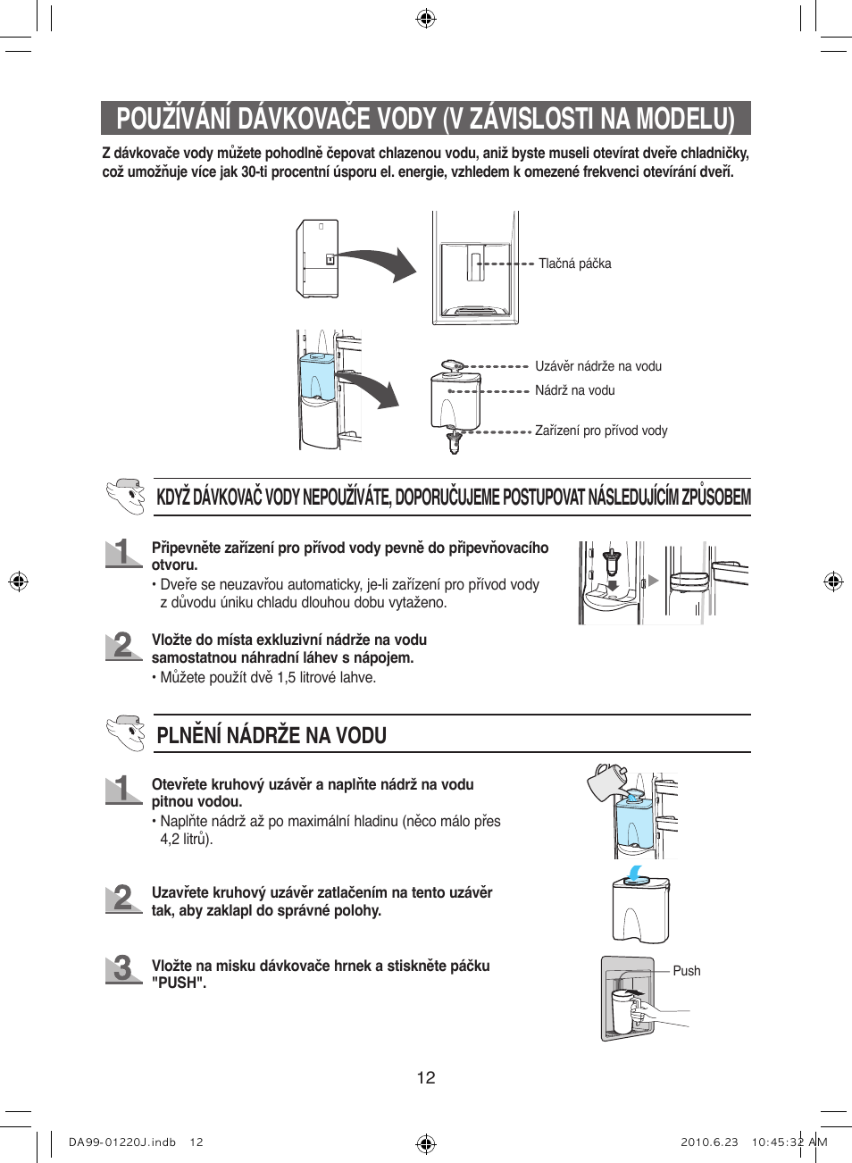 Používání dávkovače vody (v závislosti na modelu), Plnění nádrže na vodu | Samsung RL41WCSW User Manual | Page 72 / 100