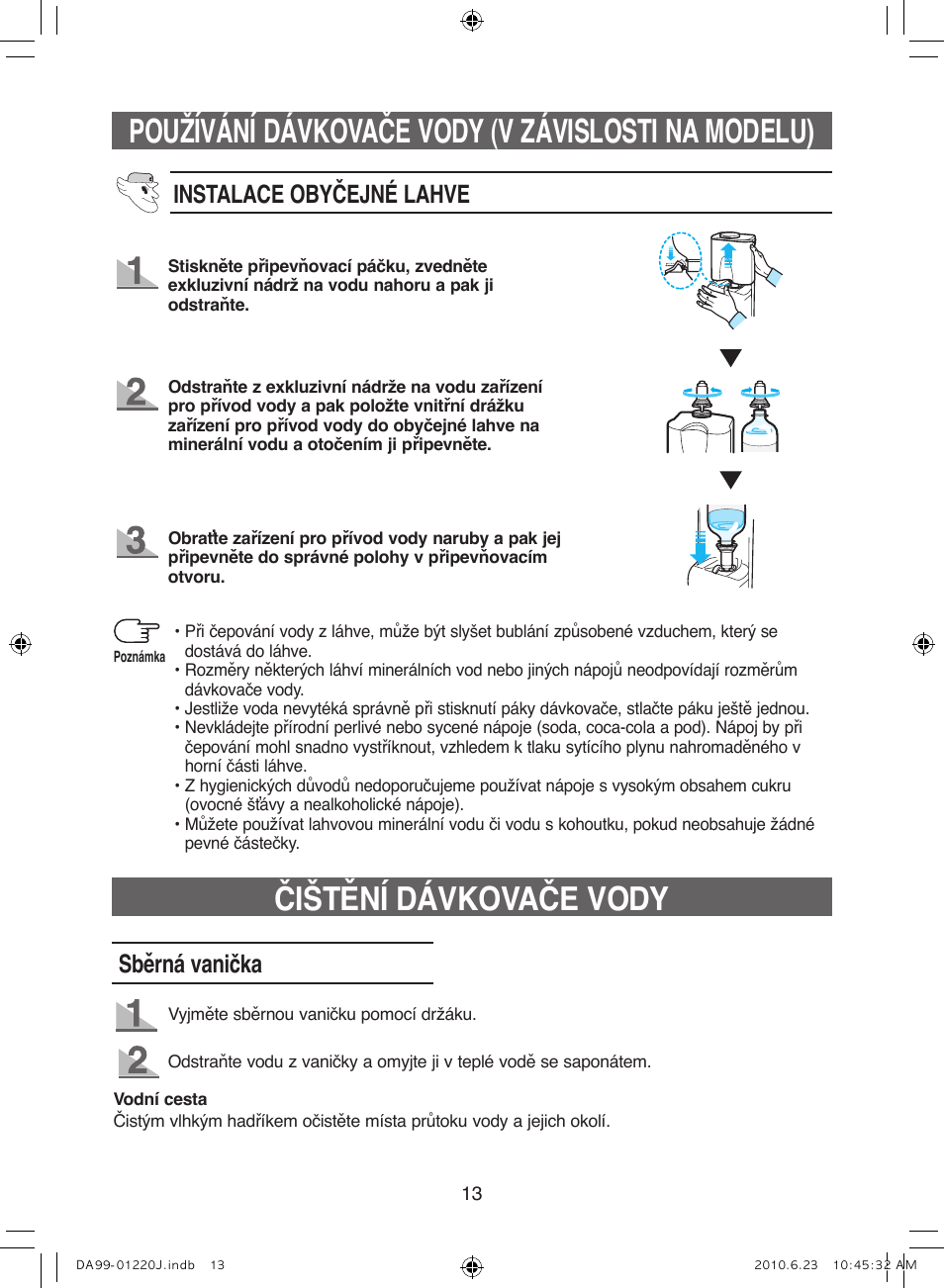 Používání dávkovače vody (v závislosti na modelu), Čištění dávkovače vody, Instalace obyčejné lahve | Sběrná vanička | Samsung RL41WCSW User Manual | Page 73 / 100