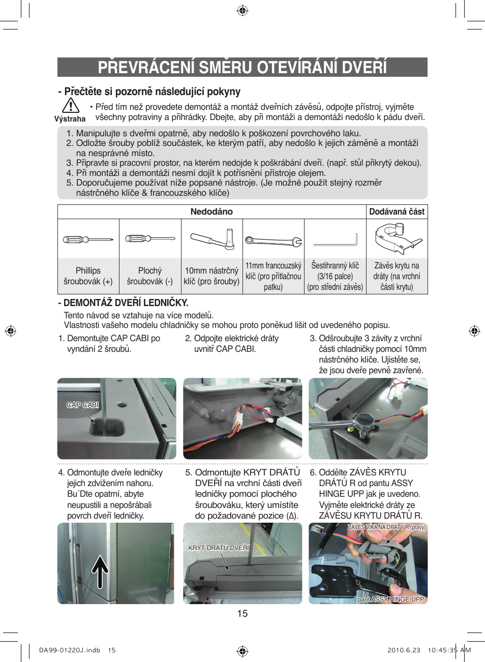 Převrácení směru otevírání dveří, Přečtěte si pozorně následující pokyny | Samsung RL41WCSW User Manual | Page 75 / 100