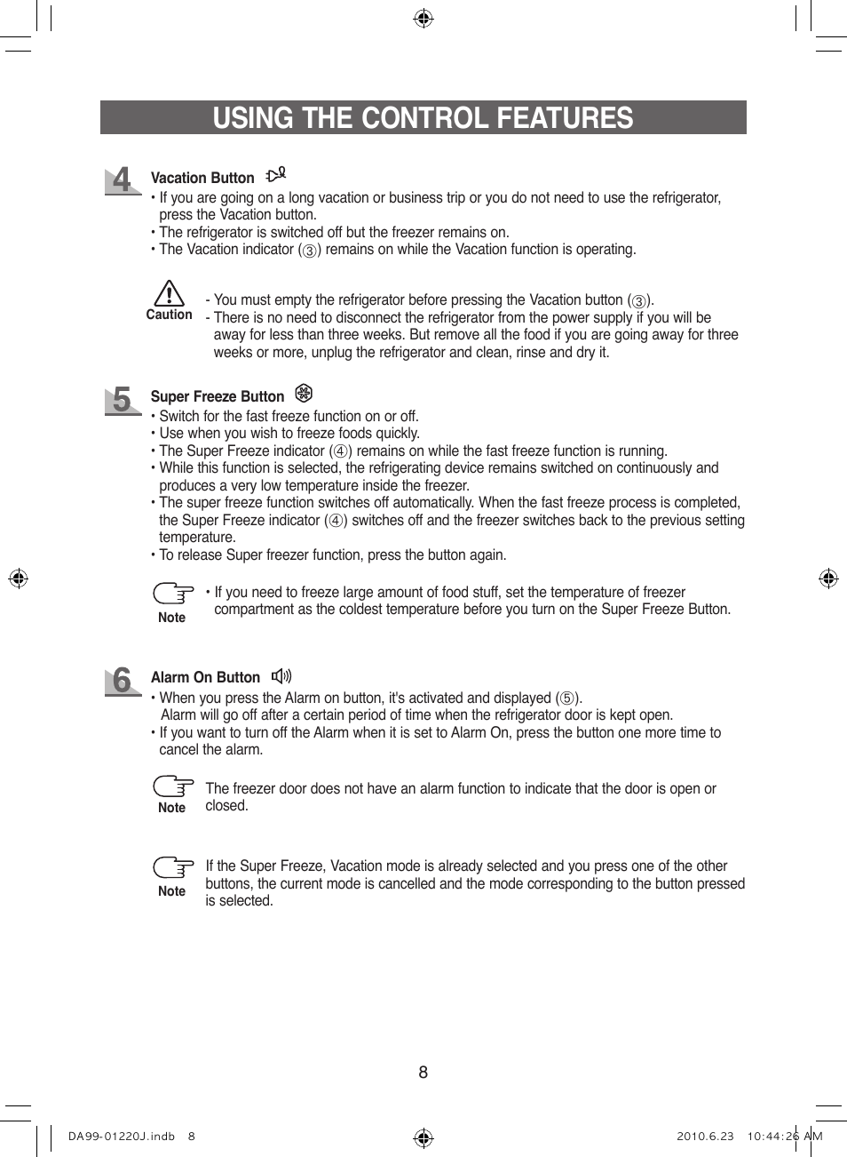 Using the control features | Samsung RL41WCSW User Manual | Page 8 / 100