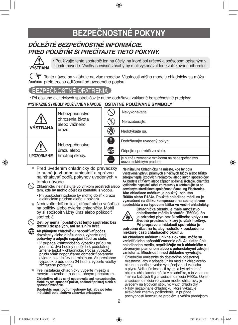 Bezpečnostné pokyny, Bezpečnostné opatrenia | Samsung RL41WCSW User Manual | Page 82 / 100