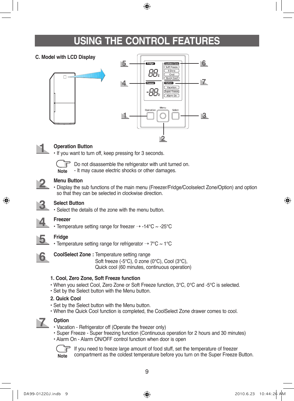 Using the control features | Samsung RL41WCSW User Manual | Page 9 / 100