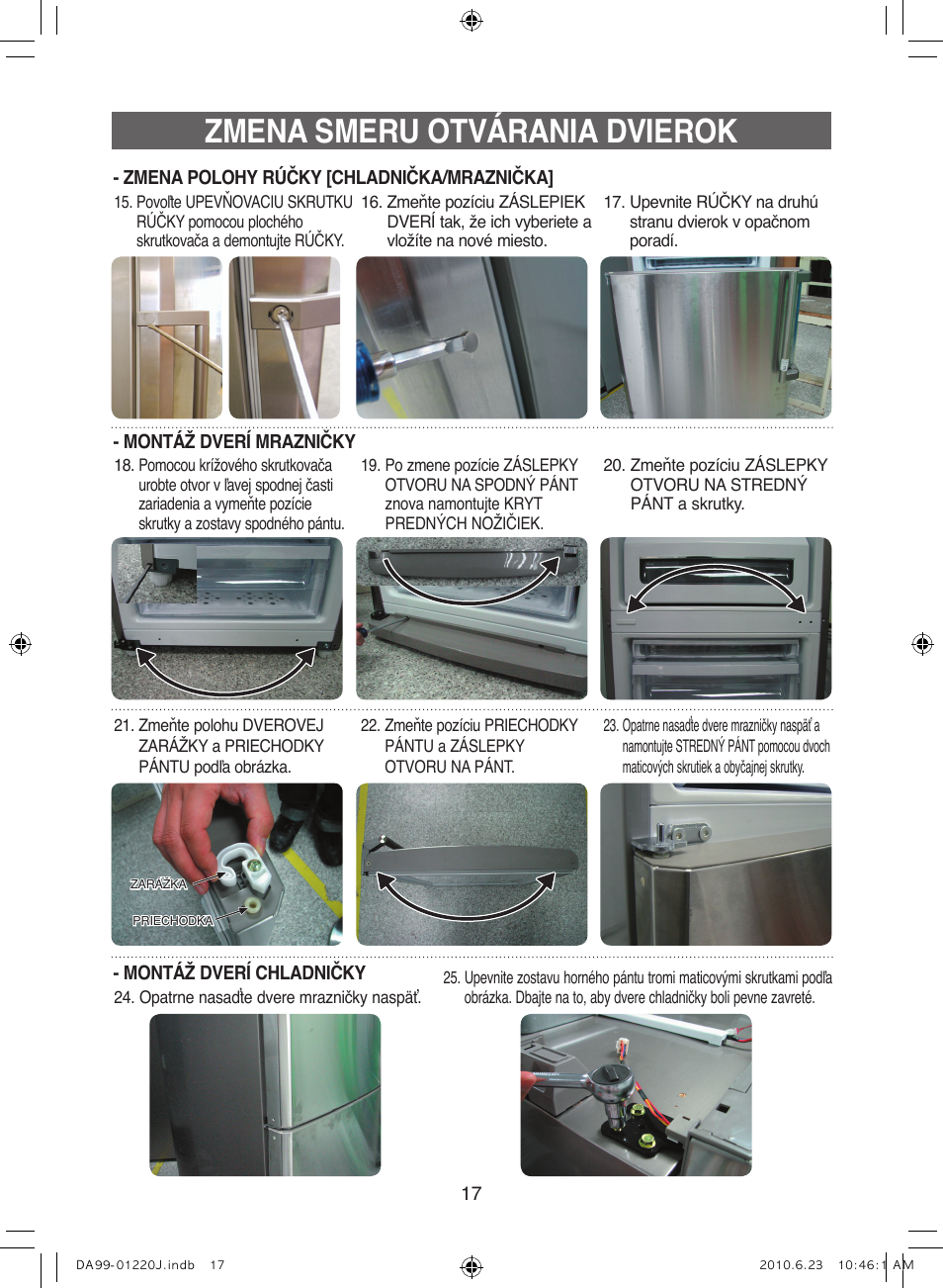 Zmena smeru otvárania dvierok | Samsung RL41WCSW User Manual | Page 97 / 100